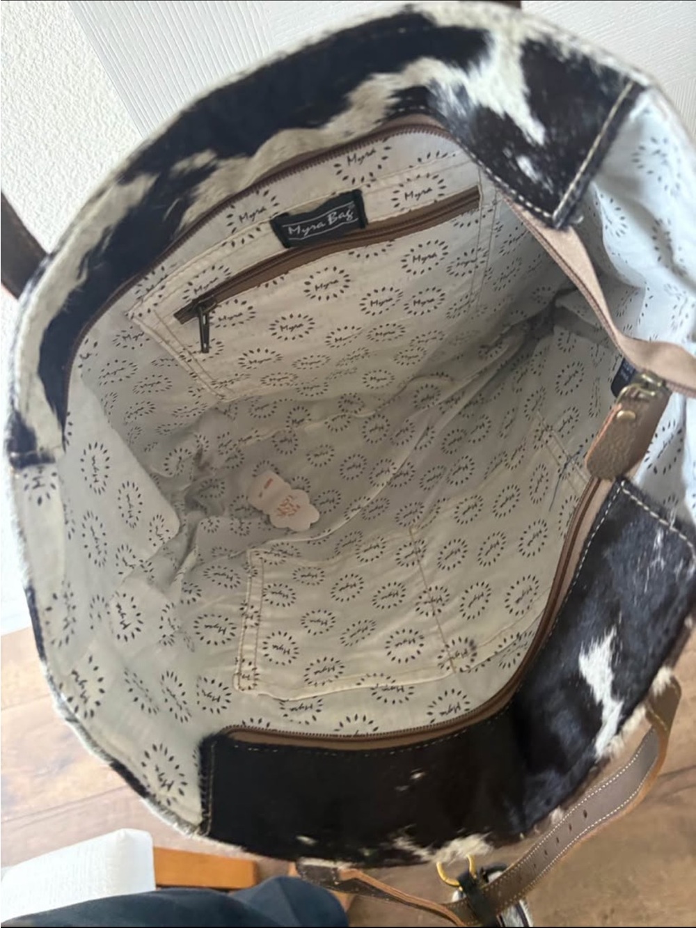 Myra Bag Cowhide Patchwork Tote in Brown, White & Tan - Picture 4 of 4
